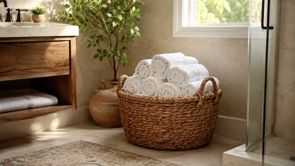 31. Rolled Guest Towels in a Spa-Style Basket