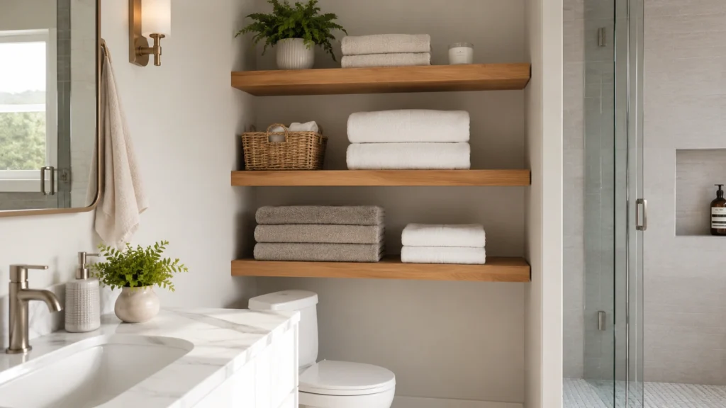 8. Neatly Folded Towels on Floating Wood Shelves