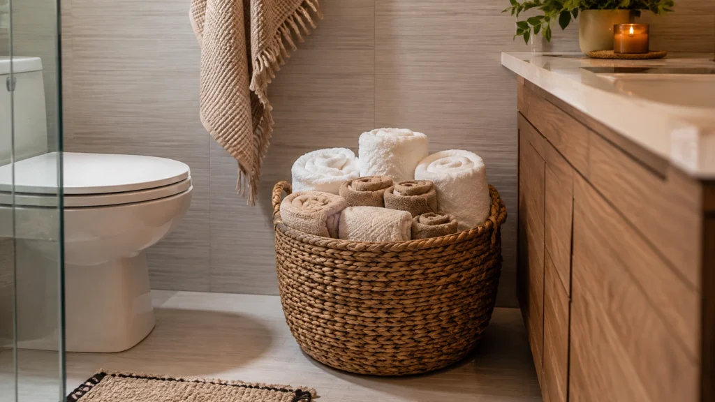 7. Rolled Bath Towels in a Large Woven Basket