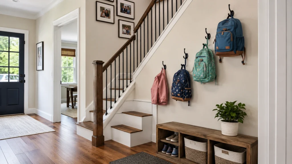 20. Staircase Wall Backpack Station With Staggered Hooks