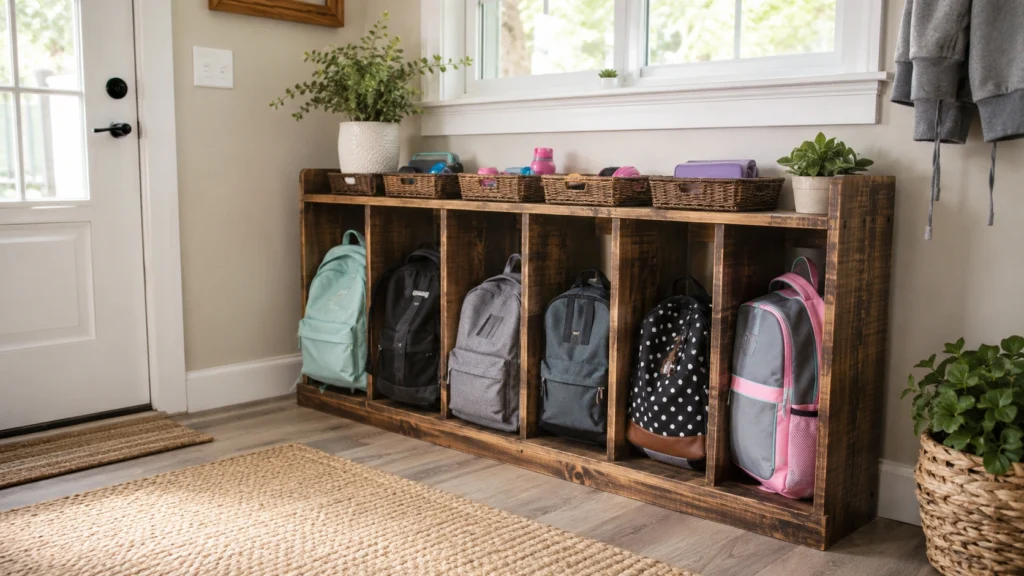 18. Repurposed Bookshelf Used as a Backpack Station