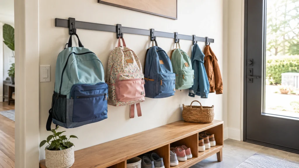 16. Backpack Storage Rail With Sliding Hooks