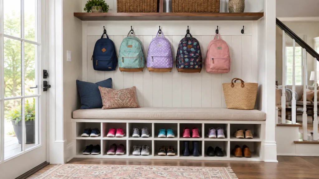 21. Entryway Bench With Shoe Cubbies and Backpack Hooks