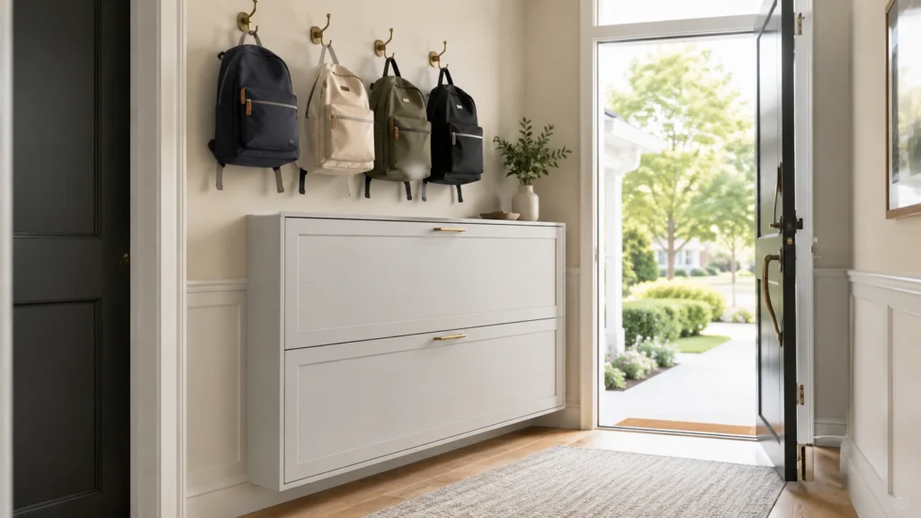 30. Hidden Shoe Cabinet With Backpack Hooks Above