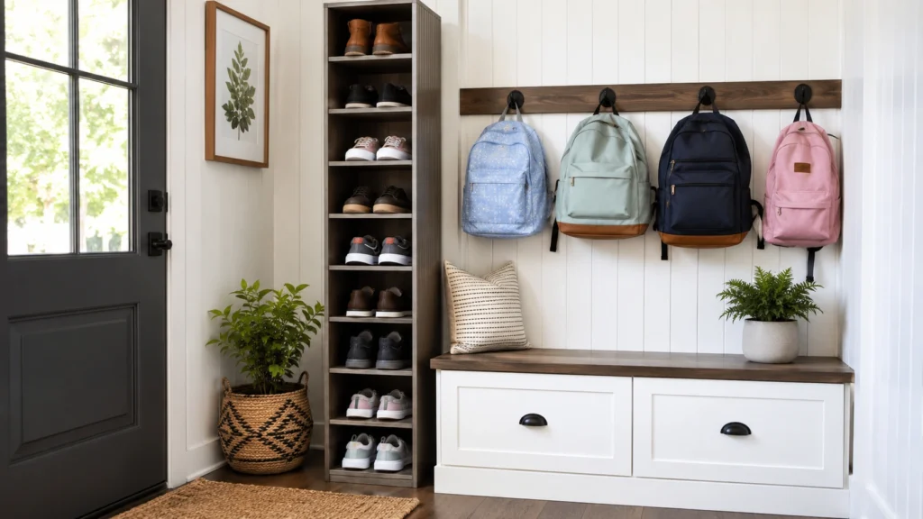 26. Vertical Shoe Tower Beside a Backpack Station
