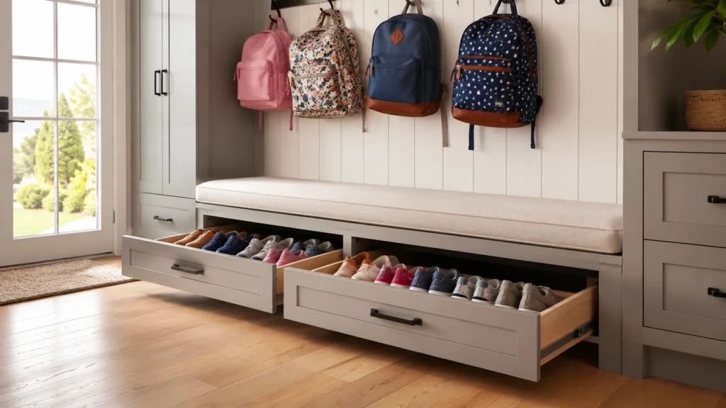 25. Pull-Out Shoe Drawers Under an Entryway Bench