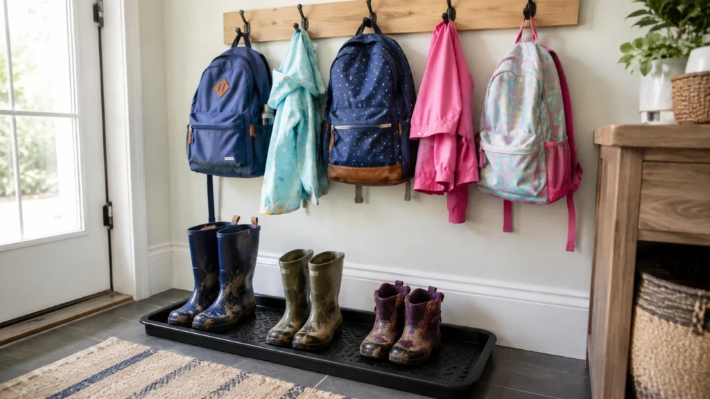 24. Boot Tray With a Backpack Hook Station