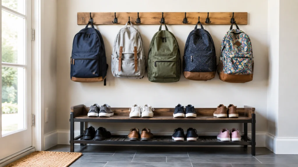 22. Two-Level Shoe Rack Beneath a Backpack Wall
