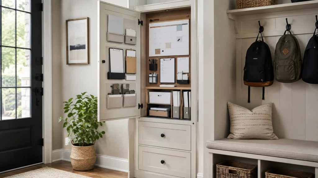 40. Compact Command Center Inside an Entryway Cabinet Door