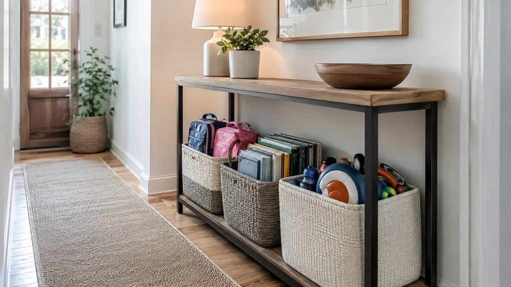 7. Narrow Entryway Console With Labeled School Baskets