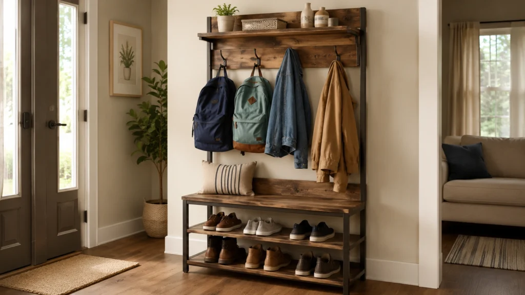 6. Freestanding Hall Tree With Backpack and Coat Storage