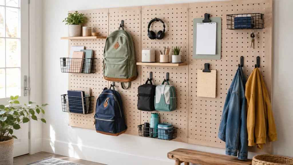 5. Wall-Mounted Pegboard for Adjustable School Storage
