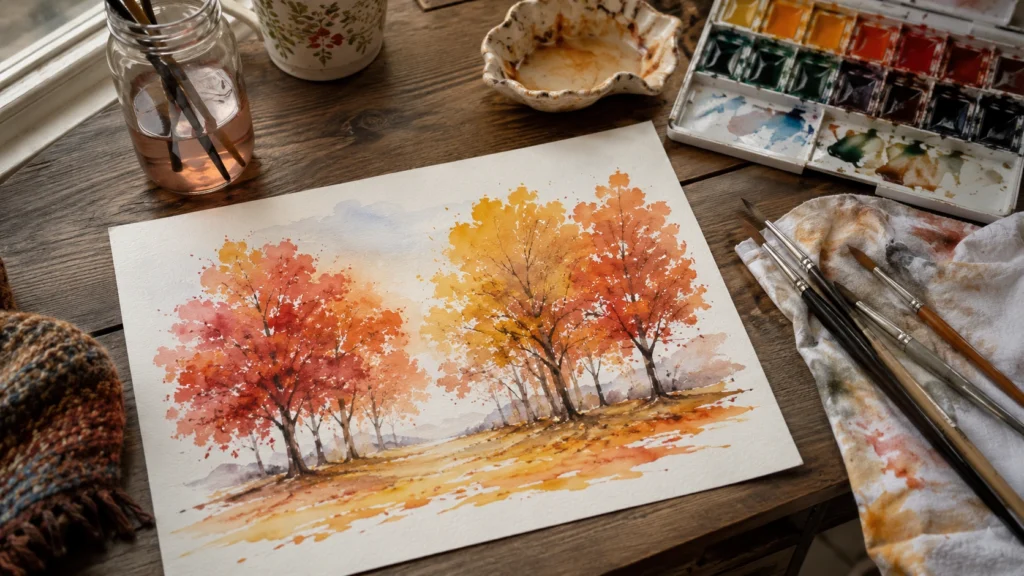 19. Watercolor Fall Trees Painting