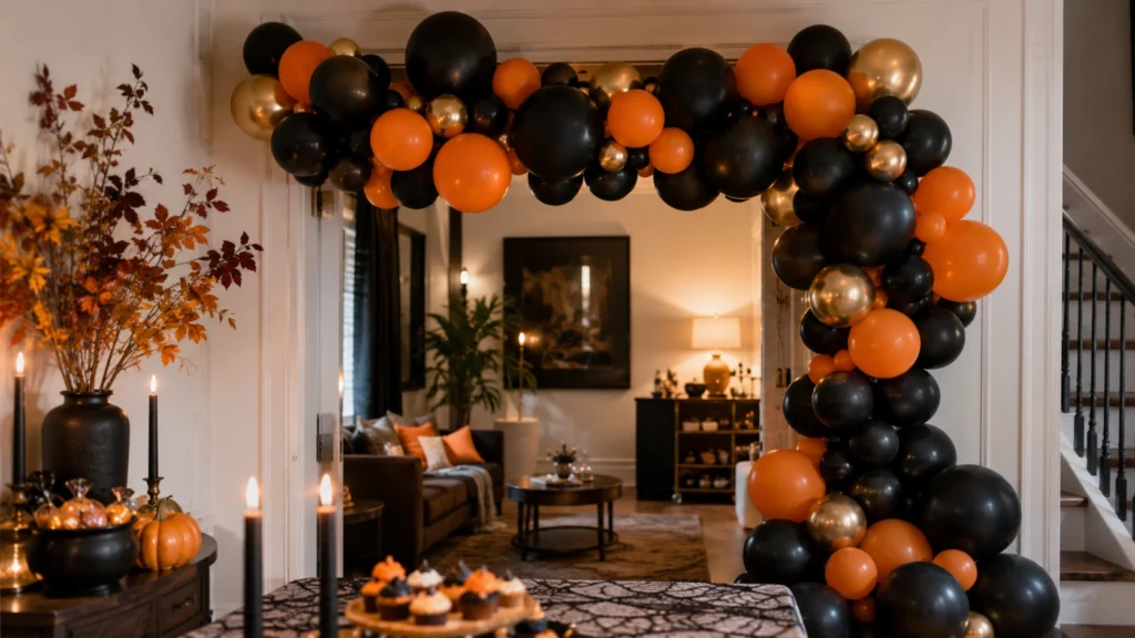 1. Black And Orange Balloon GarlandHalloween Party And Home Decorating Ideas