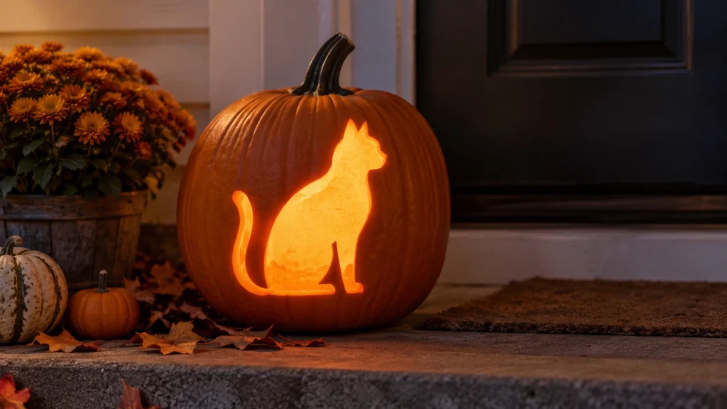 2. Sitting Cat Outline Cat Pumpkin Carving Ideas