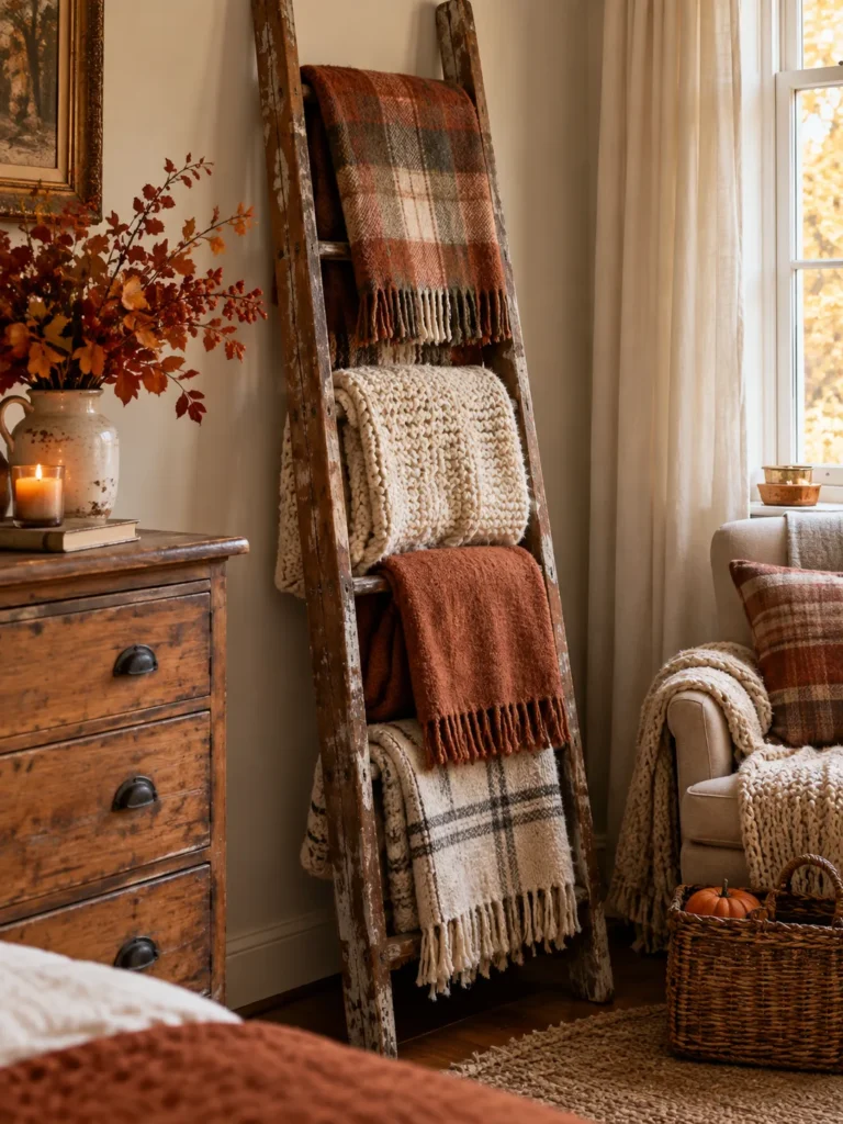 16. Vintage Ladder Blanket Rack