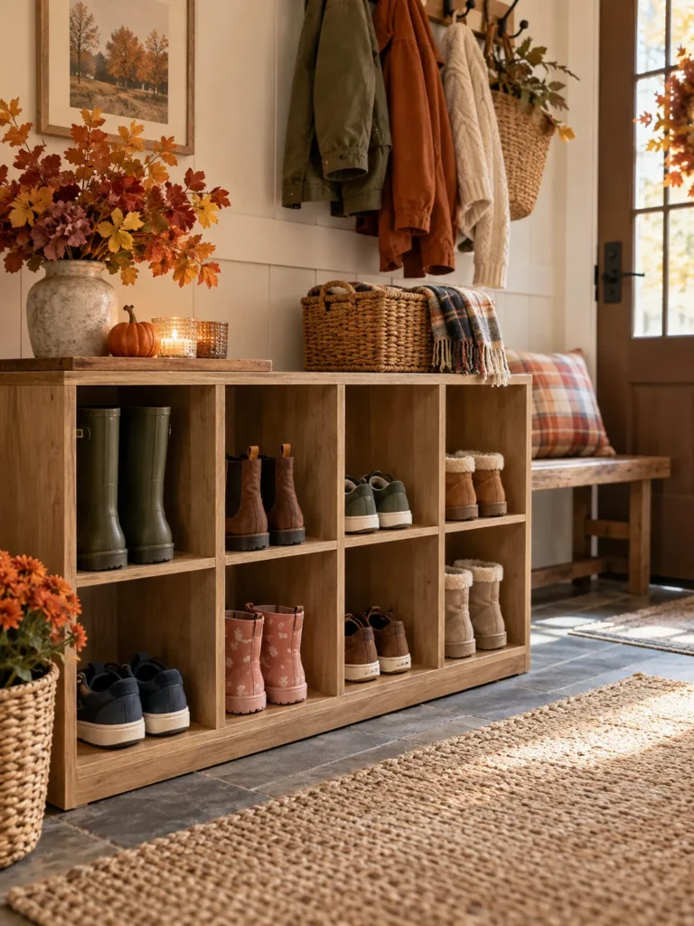 2. Cubby Shelf Shoe Storage Fall Mud Room Organization Ideas