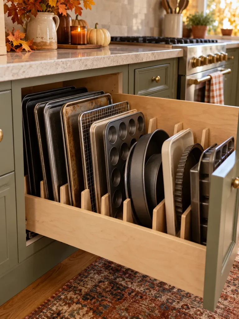 14. Store Baking Pans Vertically