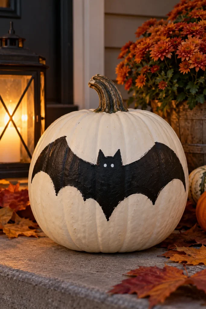 25. Black Painted Bat on a White Pumpkin