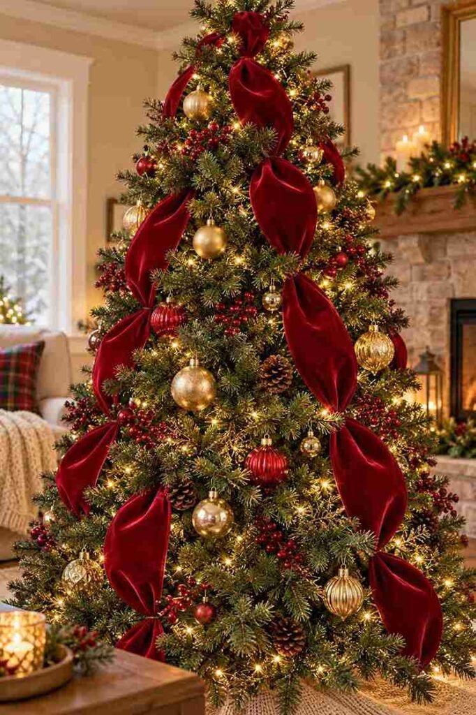 1. Tuck Wide Velvet Ribbon Vertically Through the Tree Christmas Tree Ribbon Ideas