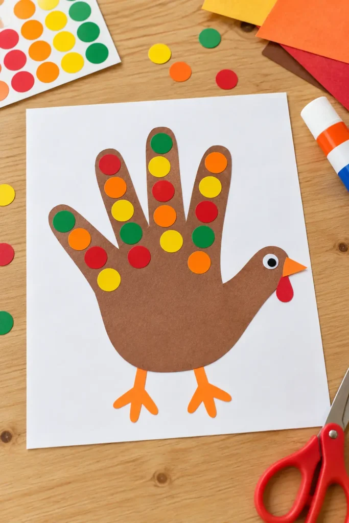1. Sticker Dot Feather Turkey Handprint Craft Ideas