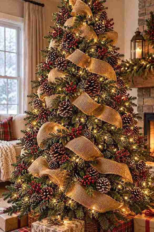 13. Burlap Ribbon With Pinecones