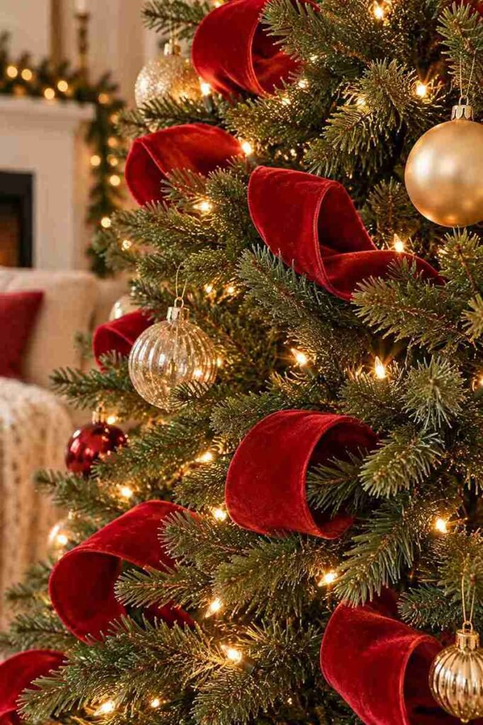 2. Loose Velvet Ribbon Loops Between Branches