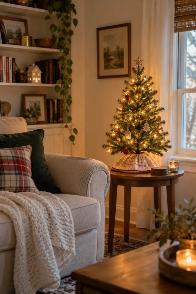 1. Mini Tree on a Side Table Christmas Living Room Decor Ideas