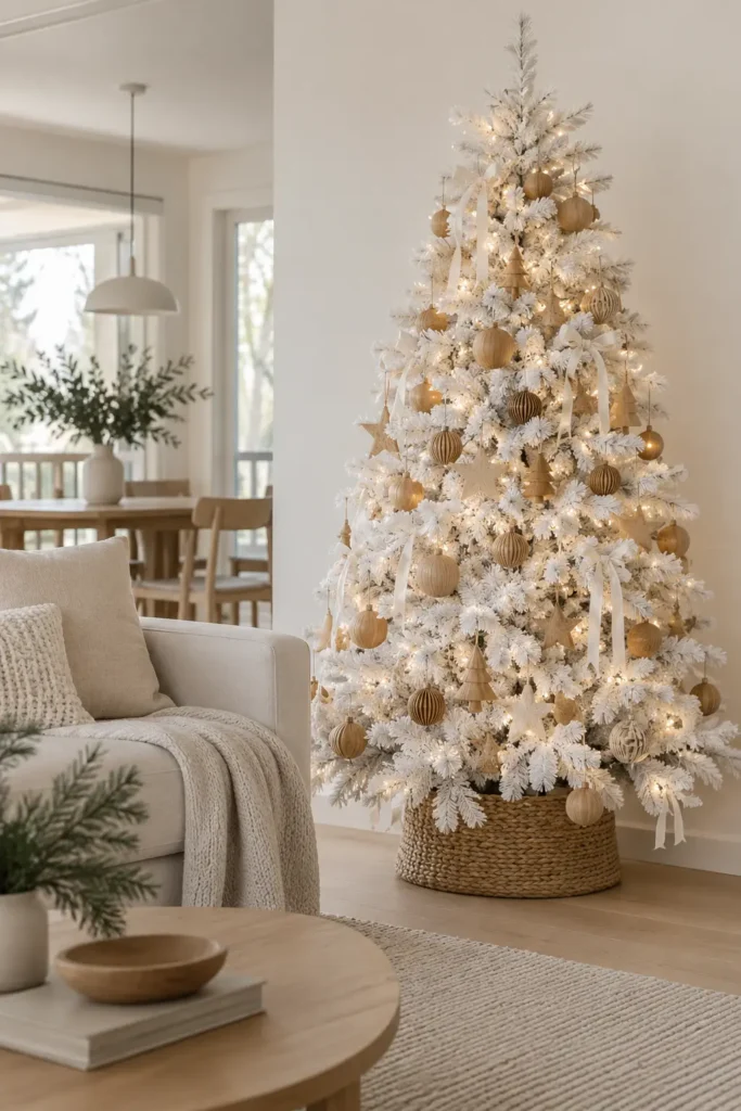 13. All White Tree with Wood Ornaments