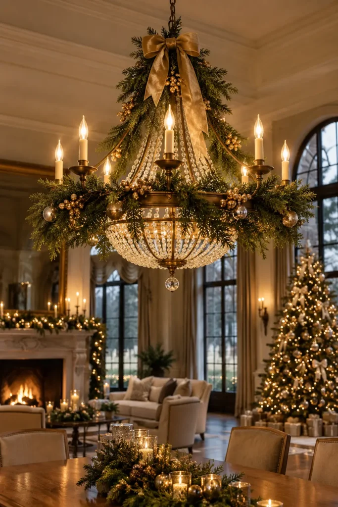 29. Greenery Swag on the Chandelier