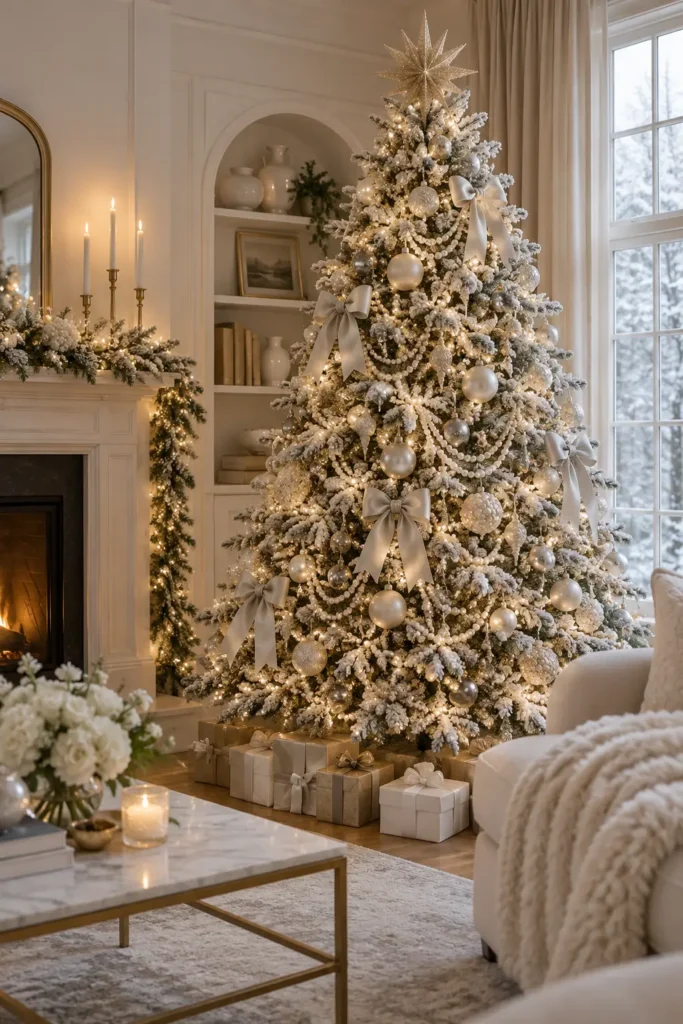 27. Flocked Tree with Pearl Ornaments
