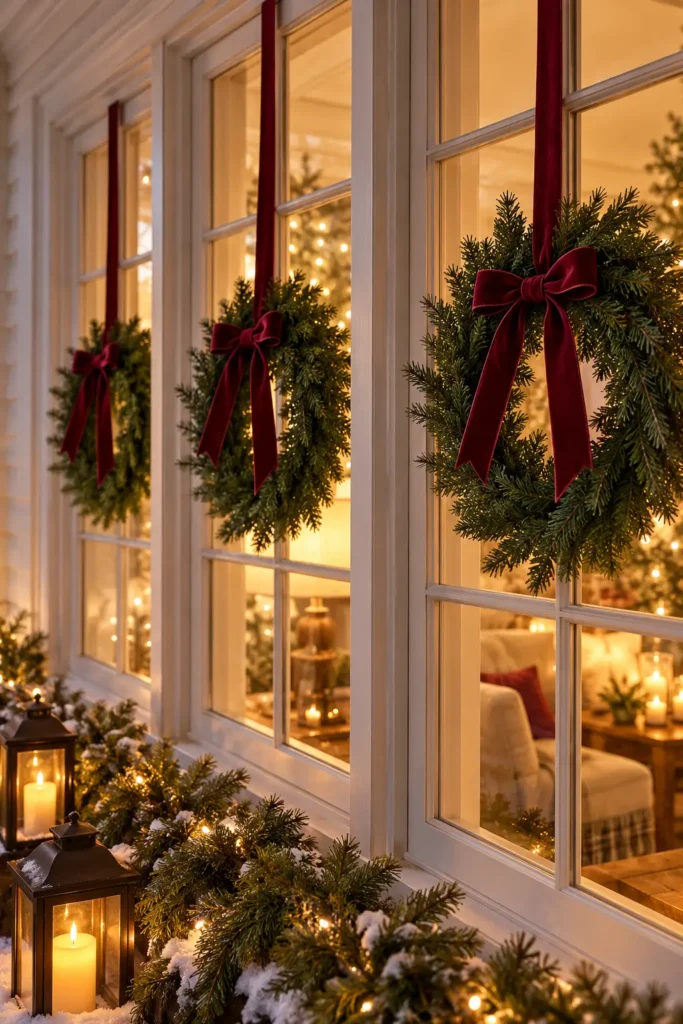 7. Burgundy Ribbon Window Wreaths