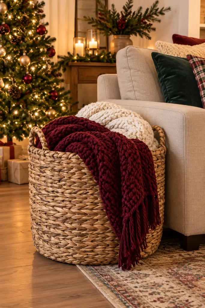 6. Burgundy Knit Throw Basket by the Sofa