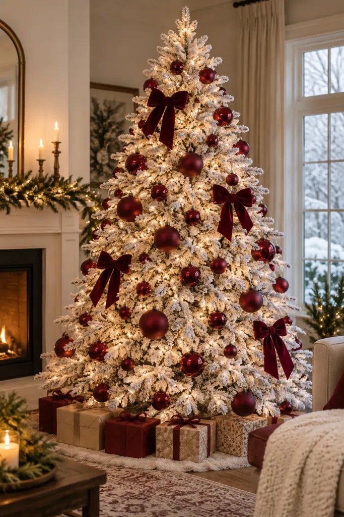 3. White Flocked Tree with Burgundy Ornaments
