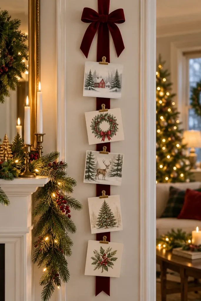 19. Burgundy Ribbon Christmas Card Display