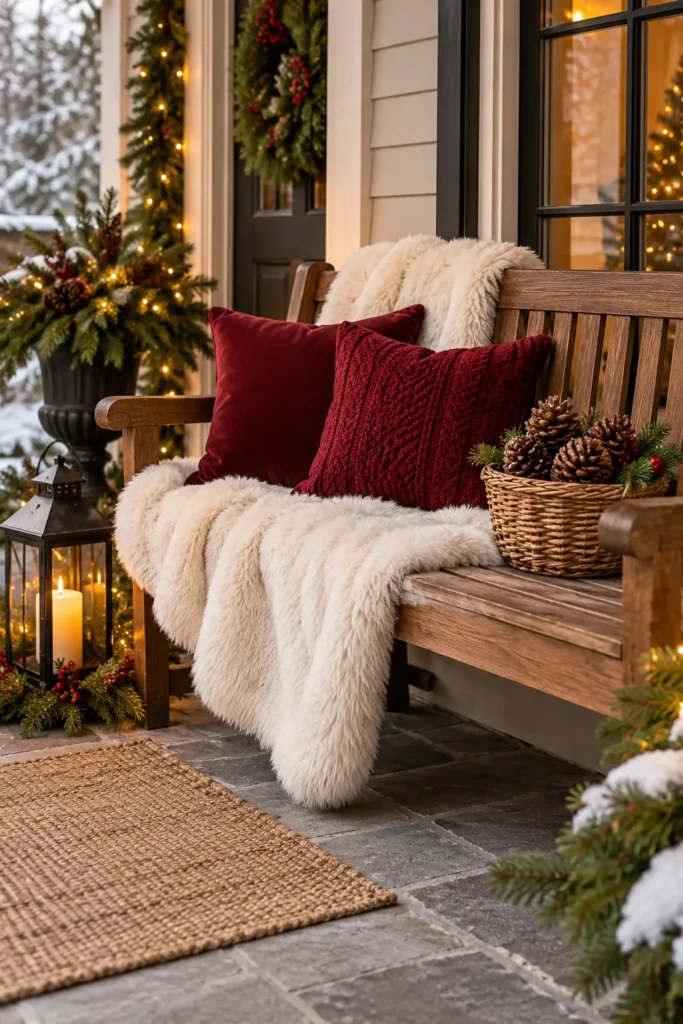 15. Burgundy Welcome Bench with Fur Throw