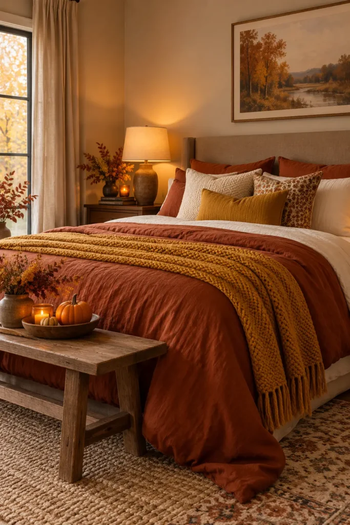 1. Pick a Warm Rust and Mustard Color Palette Fall Bedroom Ideas