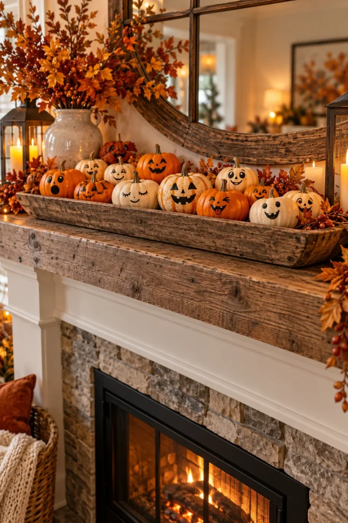 11. Mini Pumpkin Faces in a Wooden Tray