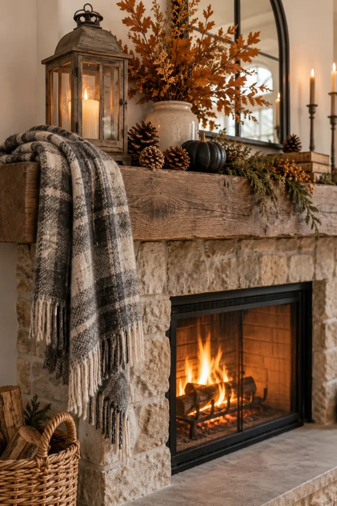 24. Gray Plaid Blanket and Rustic Lantern