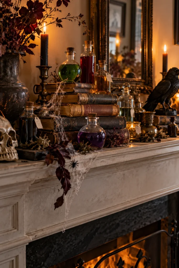 4. Haunted Book Stack with Potion Bottles