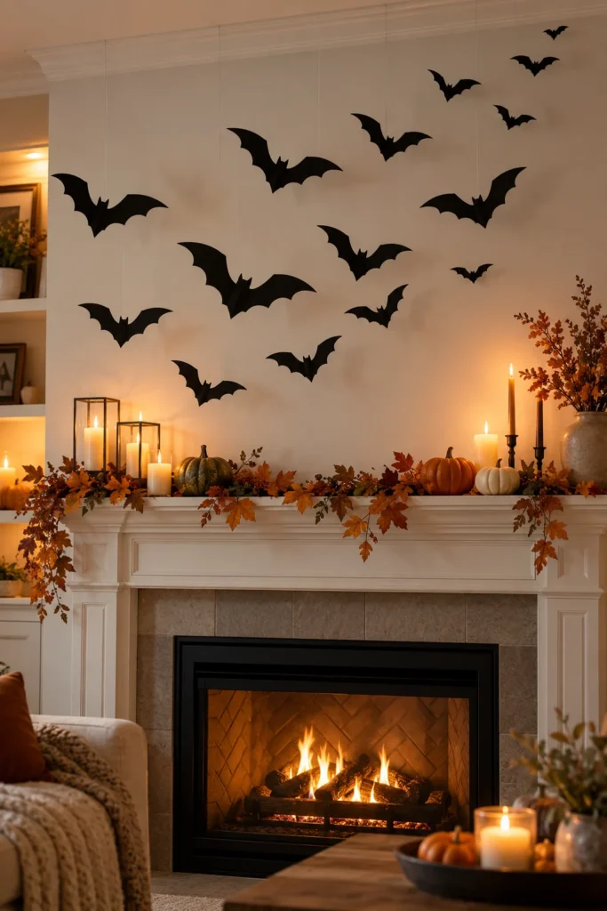 3. Hanging Bats Above the Fireplace Halloween Mantel Ideas