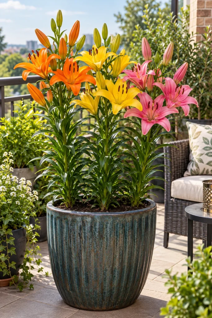 10. Tall Asiatic Lilies in One Deep Pot