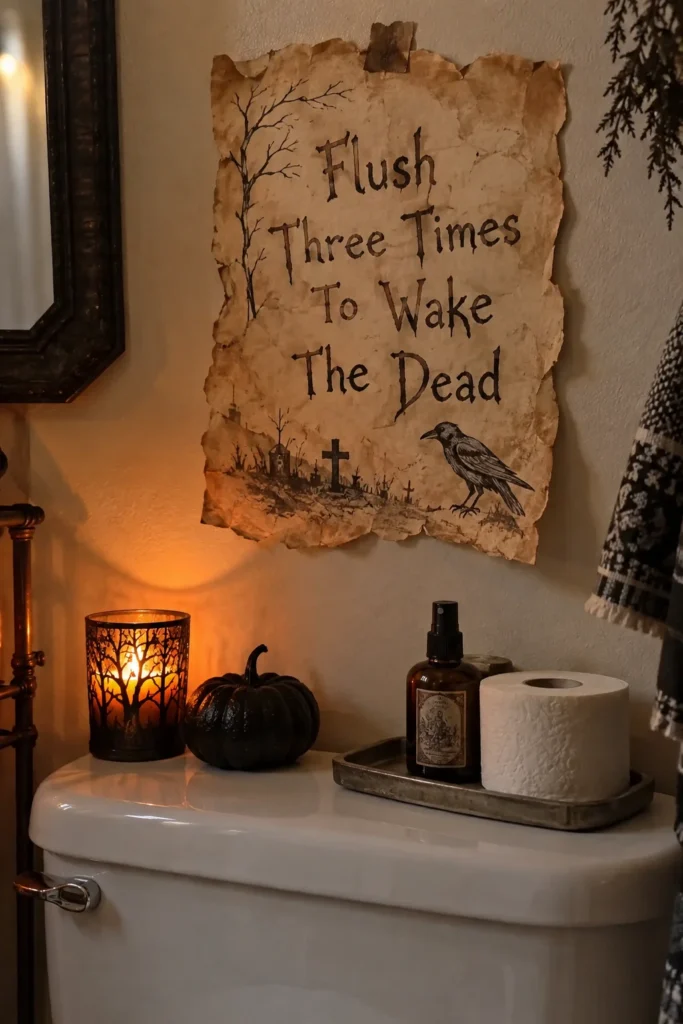 2. The Tea-Stained Spell Scroll Halloween Bathroom Decor Ideas