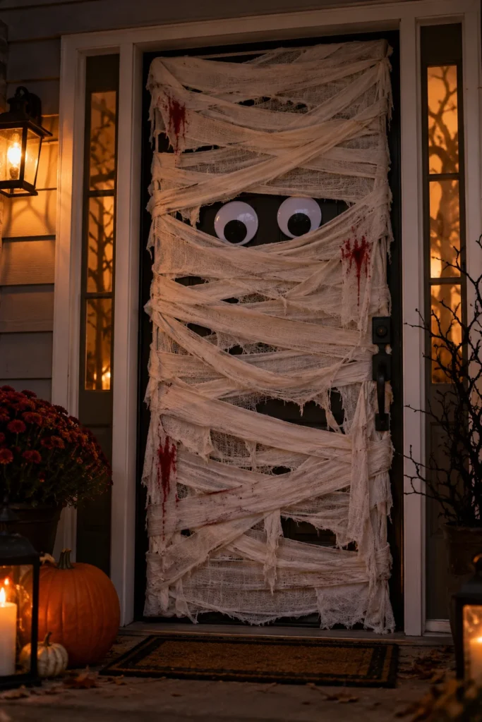 1. Turn Your Door Into a Giant Spooky Mummy