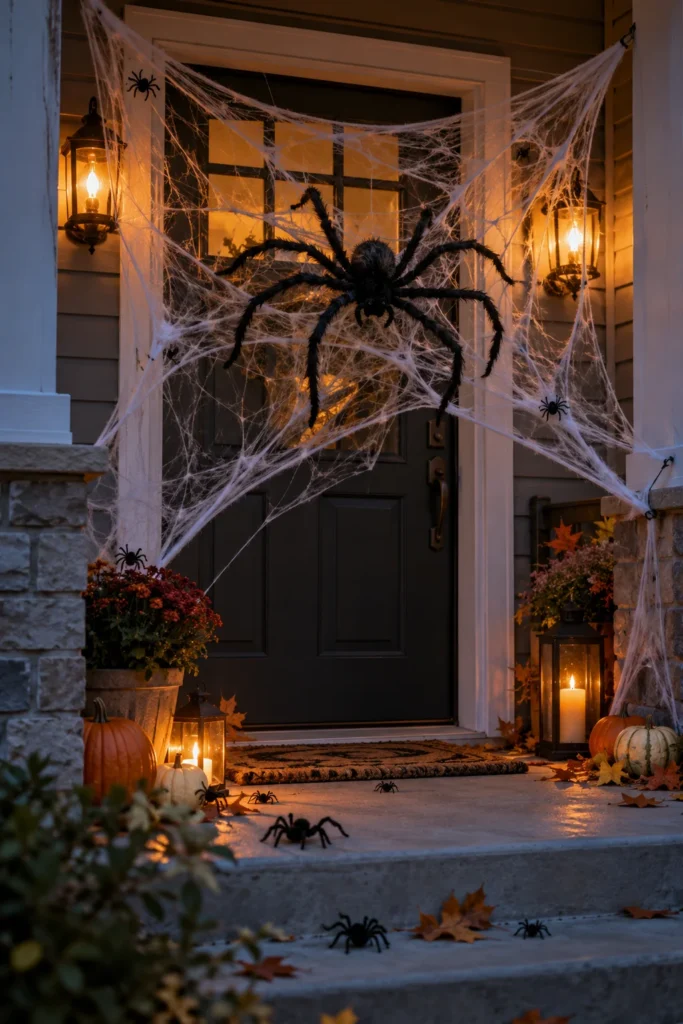2. Hang a Creepy Spider Web With a Giant Spider Halloween Door Decoration Ideas