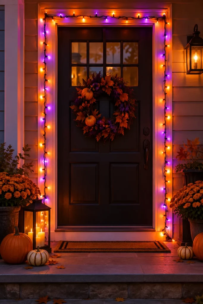 19. Wrap Your Doorframe in Orange and Purple String Lights