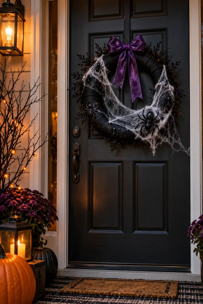 9. Make a Spooky Wreath With Black Ribbon and Spiders