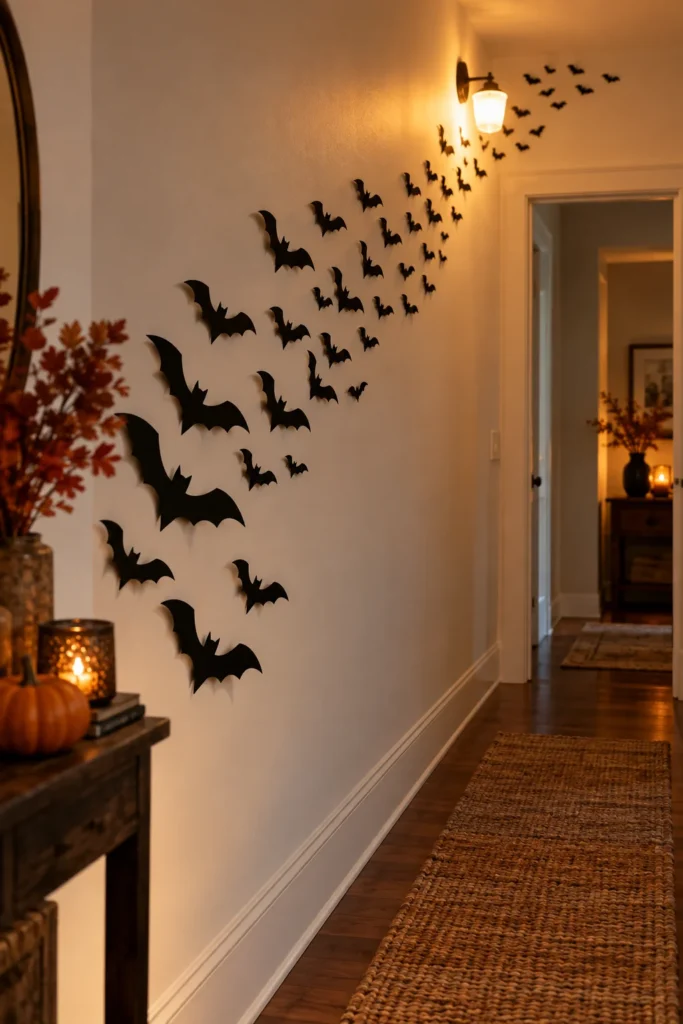 1. Paper Bat Wall Trail Halloween Hallway Ideas