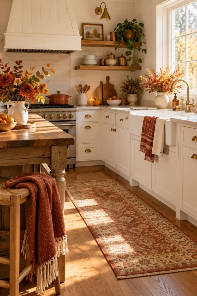 1. Pick a Cozy Palette of Rust, Gold, and Cream Fall Kitchen Decor Ideas