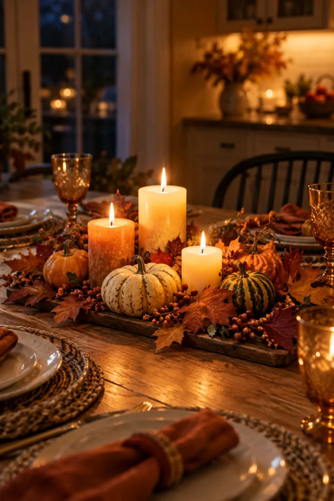 14. Make a Low Centerpiece with Candles and Gourds